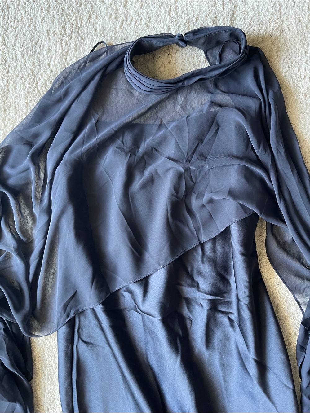 Xscape Evenings Laura Satin Gown Chiffon Overlay Sheer Shawl in Navy Blue 7521X - Picture 10 of 13